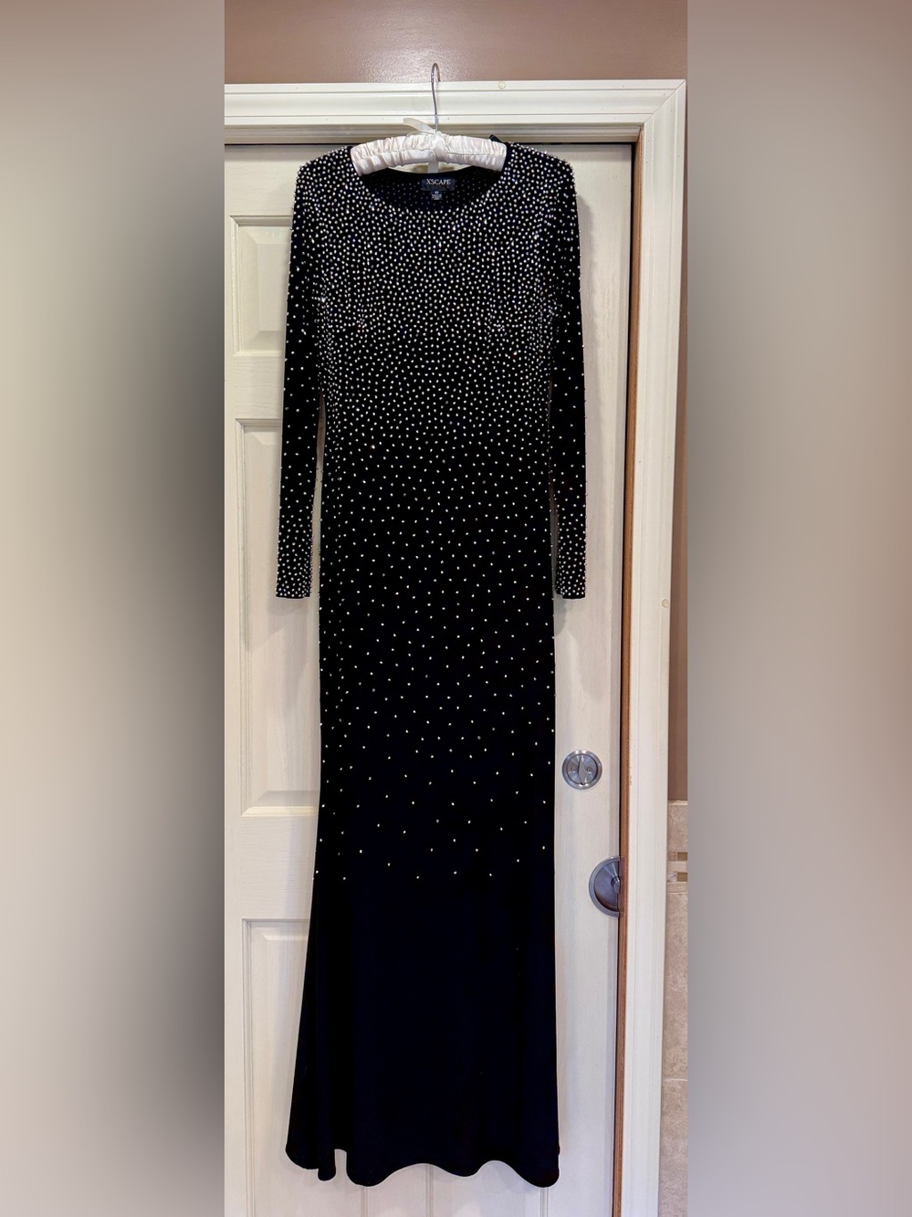 Xscape Black Long Sleeve Dress with Crystal Accents. Worn 1 Time